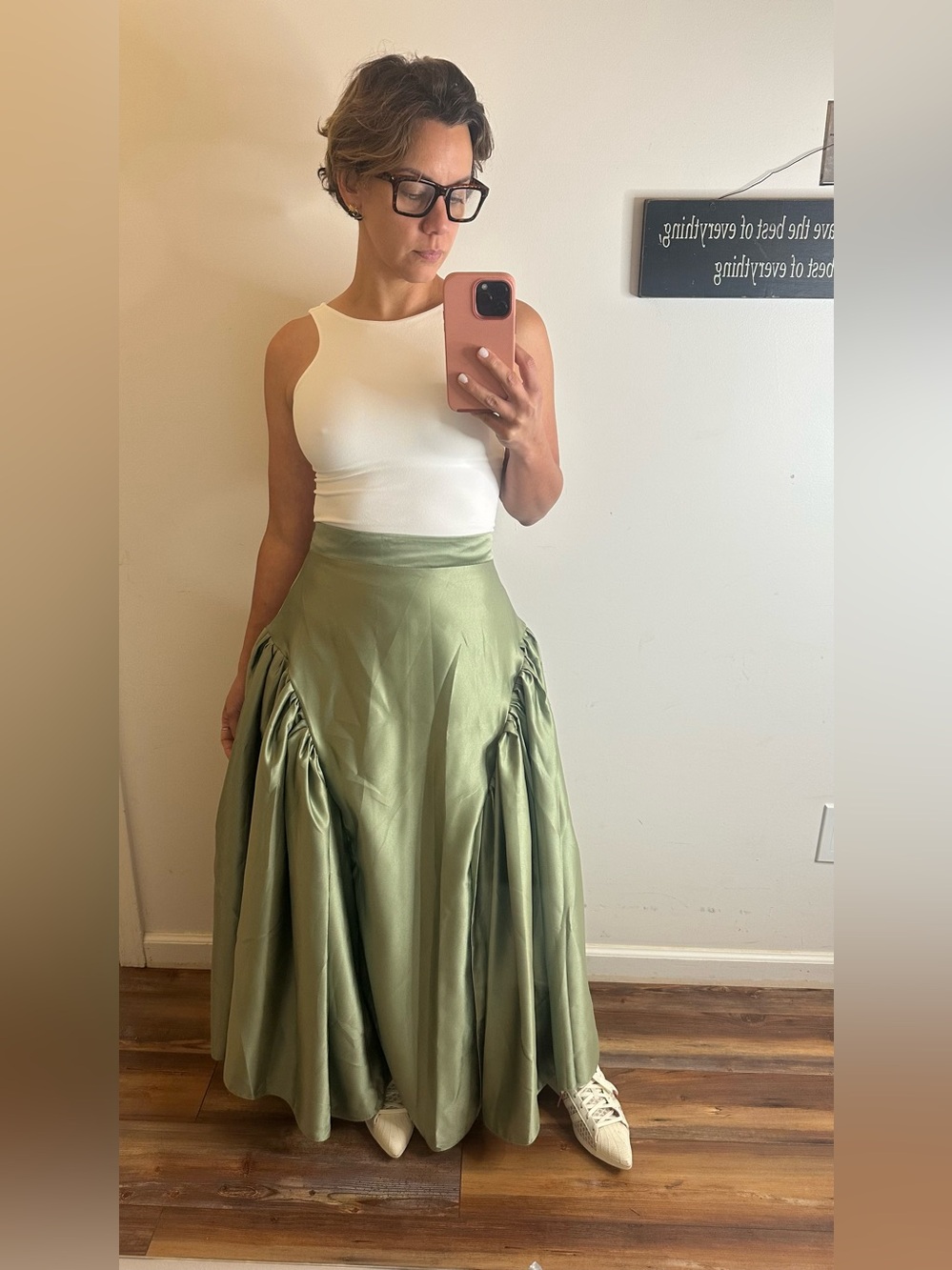 NWT Silk HightRise Olive Textured -Maxi Skirt /Gathered panel Sz Small - Picture 10 of 16